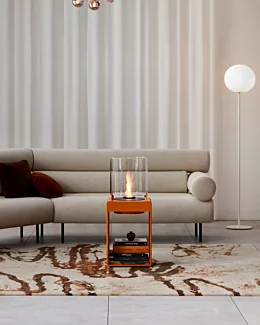 EcoSmart Fire Pop 3T Designer Fireplace adds vibrant orange ventless bioethanol heat to Oatlands living room lounge.